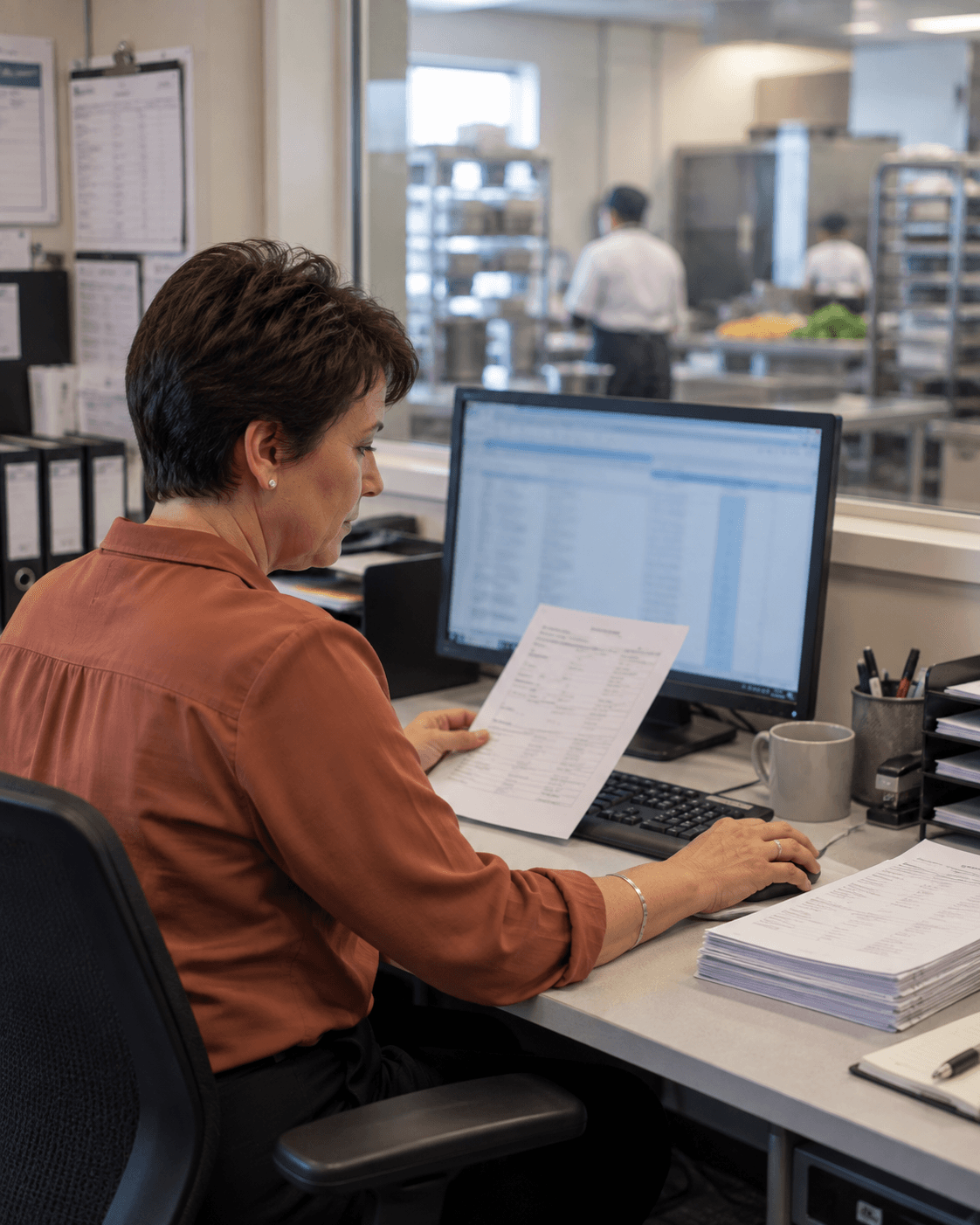 AI-generated illustration: an administrator comparing a paper record with information on a desktop computer