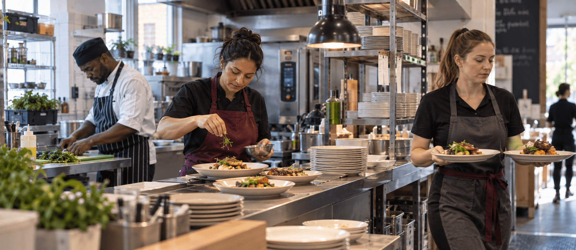 AI-generated illustration: a catering team preparing customer meals during a busy working day
