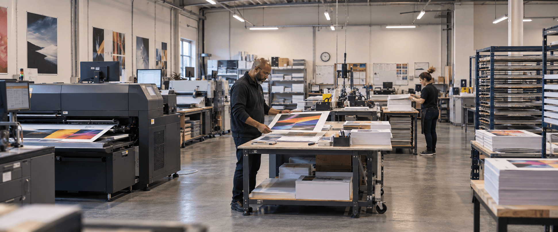 AI-generated illustration: employees carrying out print production in an independent print studio