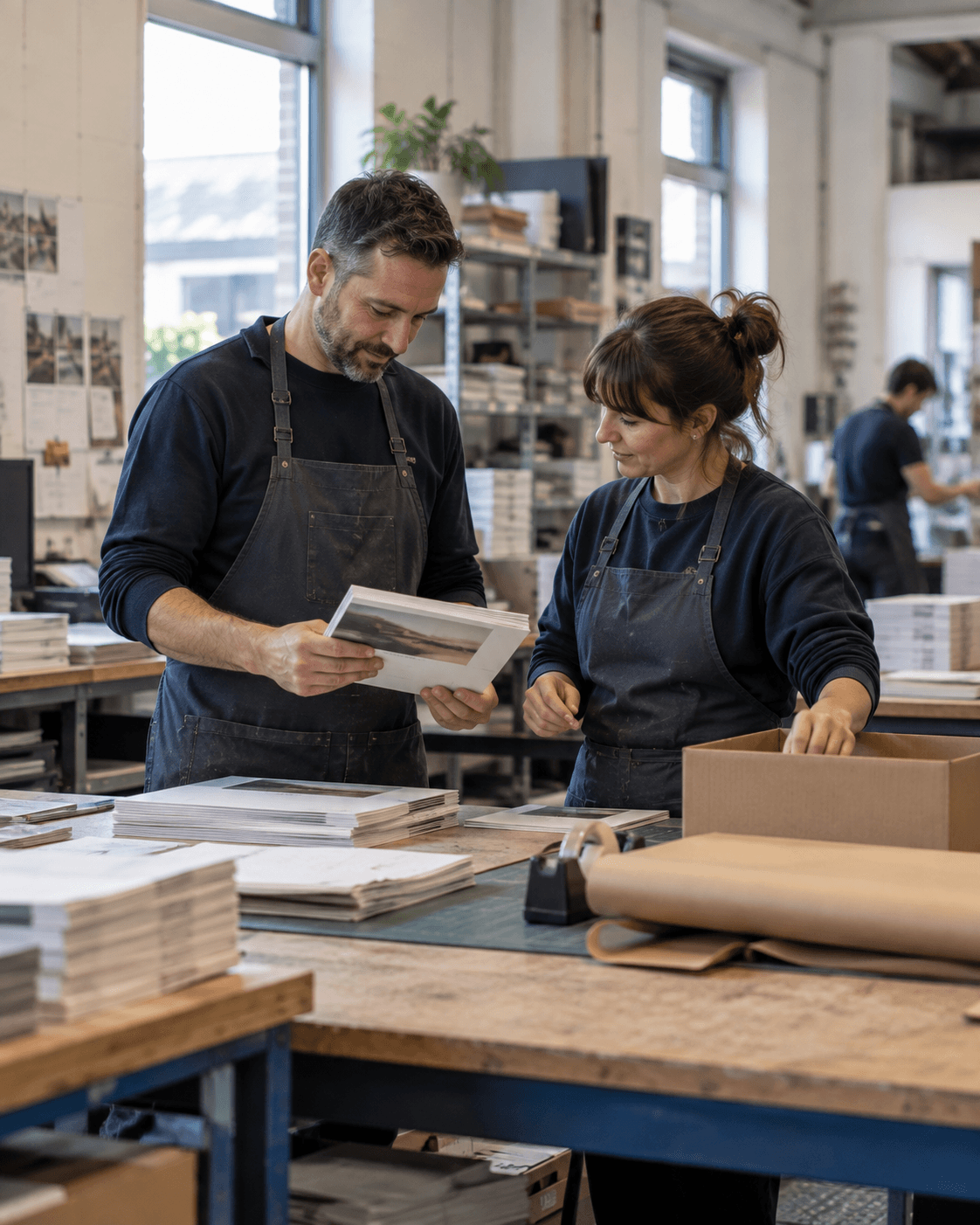 AI-generated illustration: two colleagues reviewing work in an independent production studio