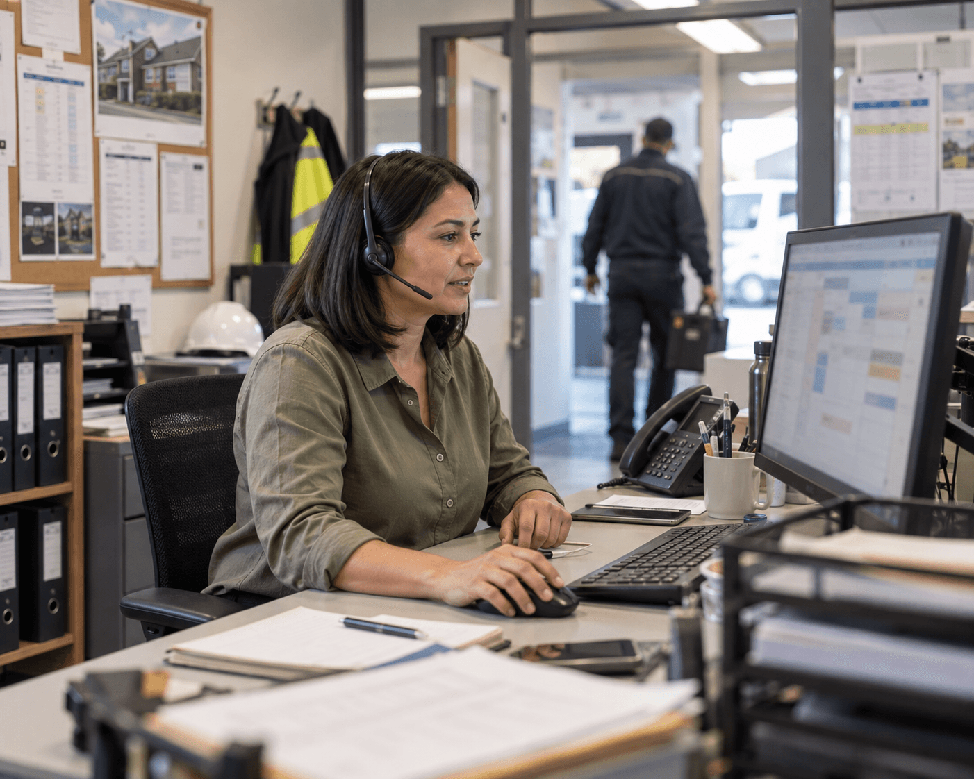 AI-generated illustration: a service coordinator using a desktop scheduling system and headset